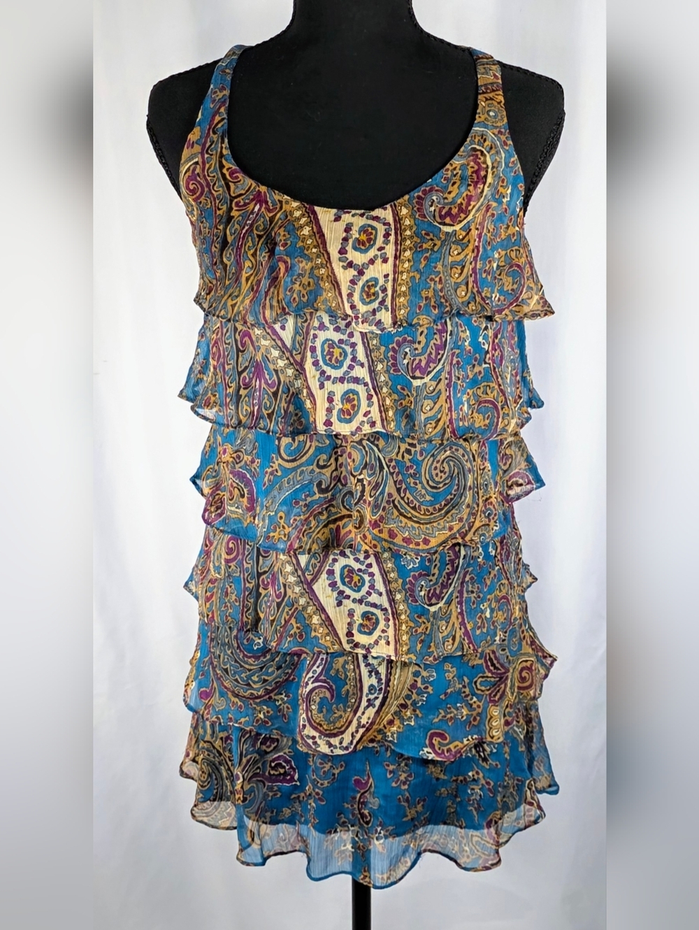 Paisley Ruffle Tiered Dress Women M Blue Boho Sleeveless Sheer Layered Mini
